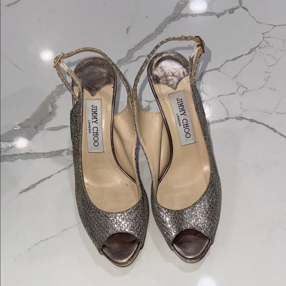 Jimmy Choo Sparkling Silver Peep-Toe Heels